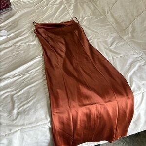 Beginning Boutique Orange/Rust Cowl Neck Satin Dress